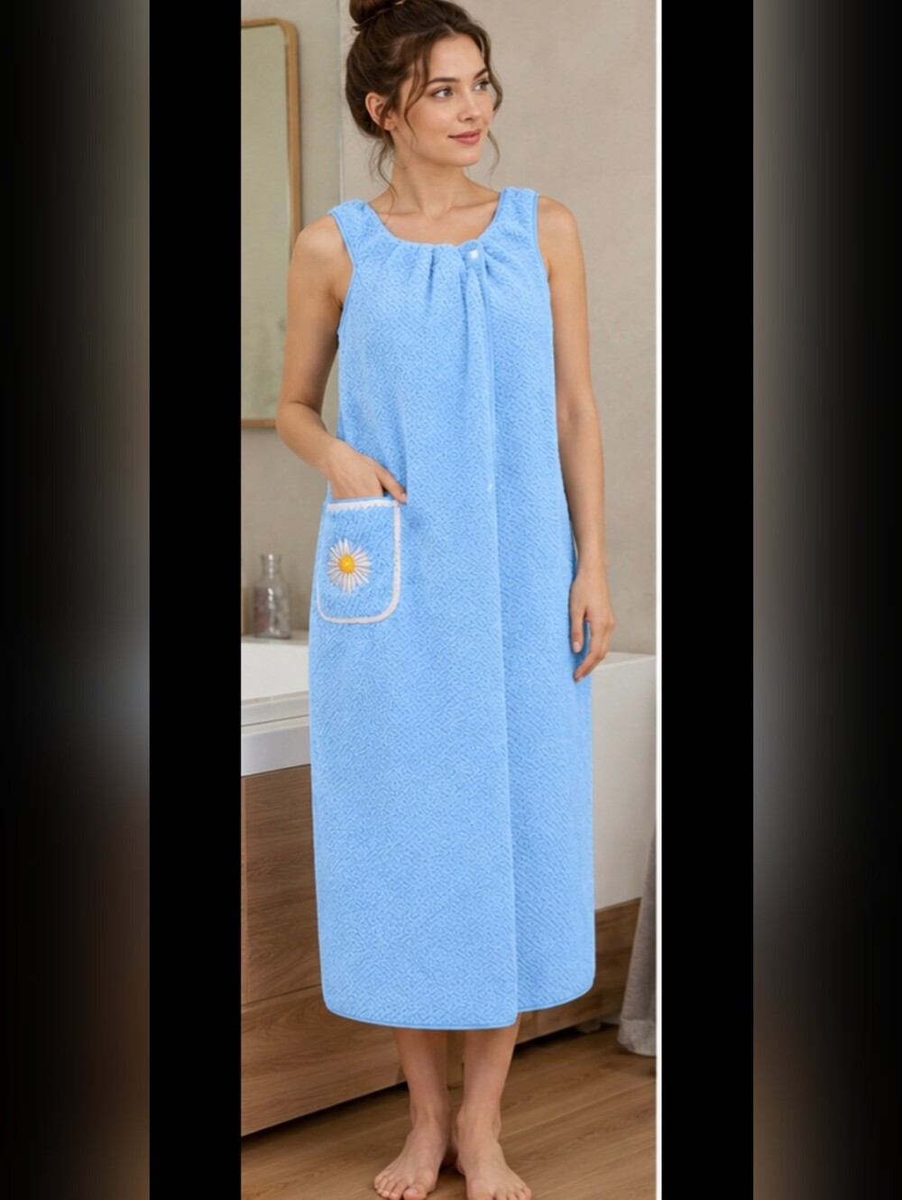 SPA WRAP BATH TOWEL Baby Blue With Daisy Pocket ONE SIZE snaps BRAND NEW